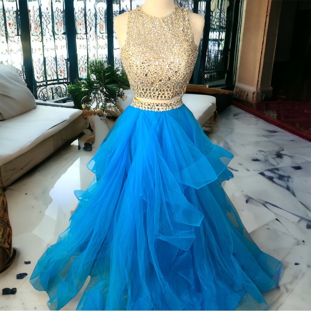 TWO PIECE Mesh Rhinestone Crop Top Prom Dress Full Skirt Blue Sz 12